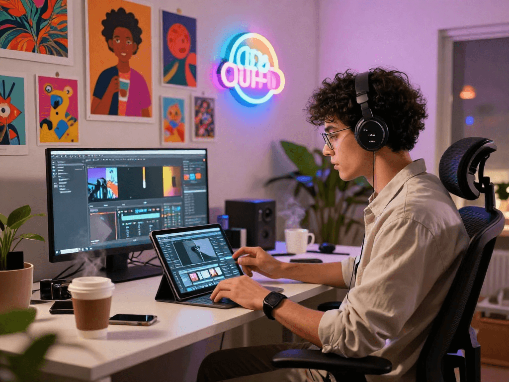 Young professional curating nsfw content in a vibrant urban workspace