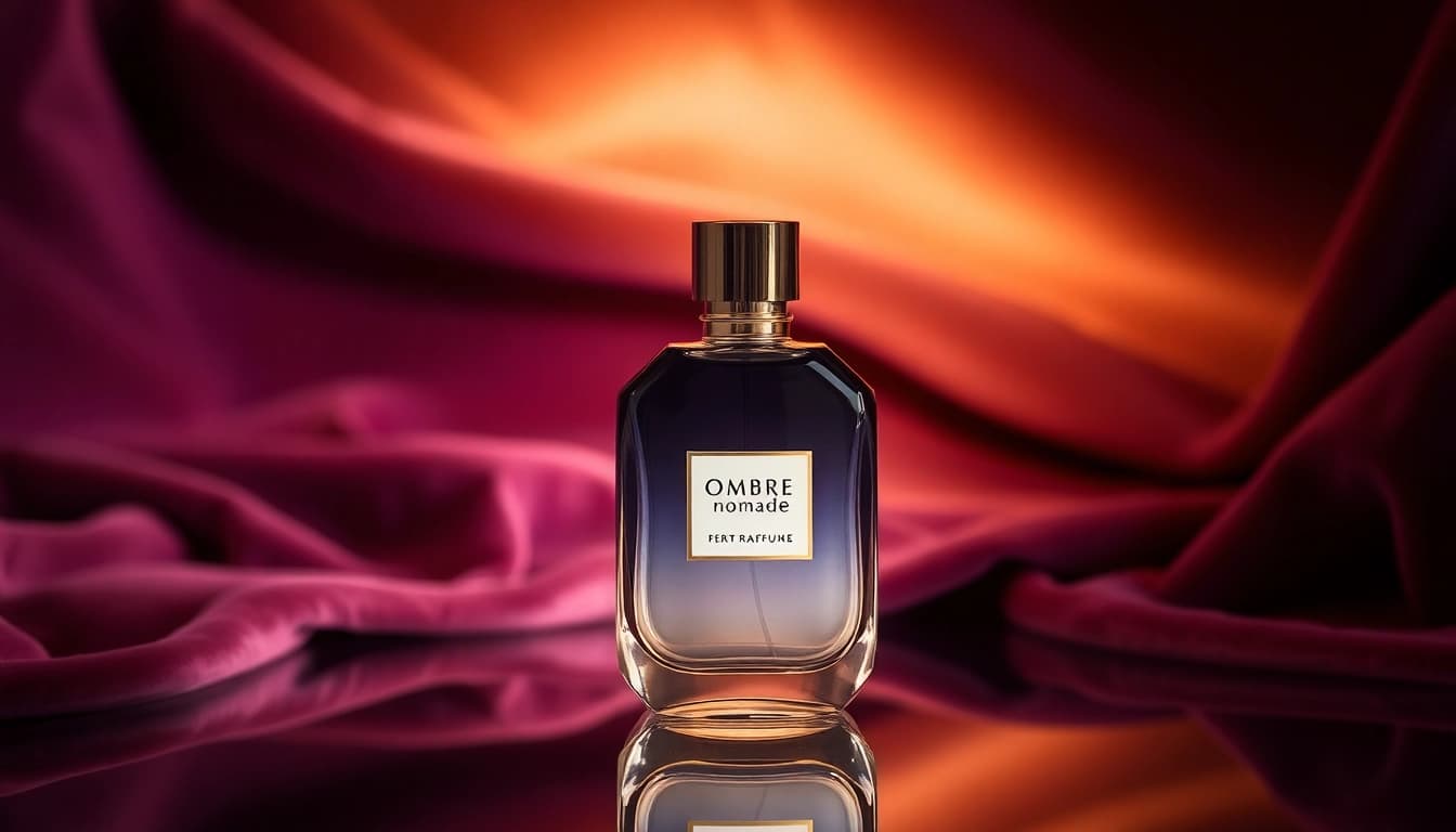 Showcase an elegant Ombre nomade perfume bottle against a rich violet velvet background.
