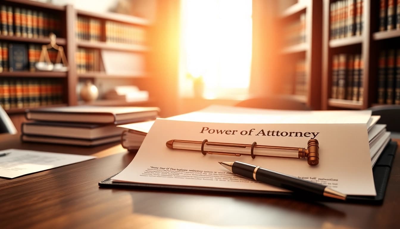 Legal documents related to Power of Attorney on a professional desk with warm sunlight.