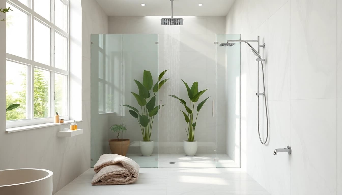 Experience the tranquility of elegant showers in a sleek modern bathroom with natural light and greenery.