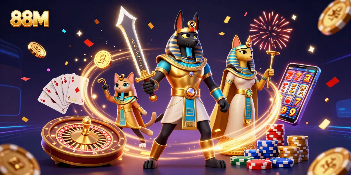 Spin the 88M slots with excitement, featuring Anubis warrior and cascading treasures in a vibrant casino scene.