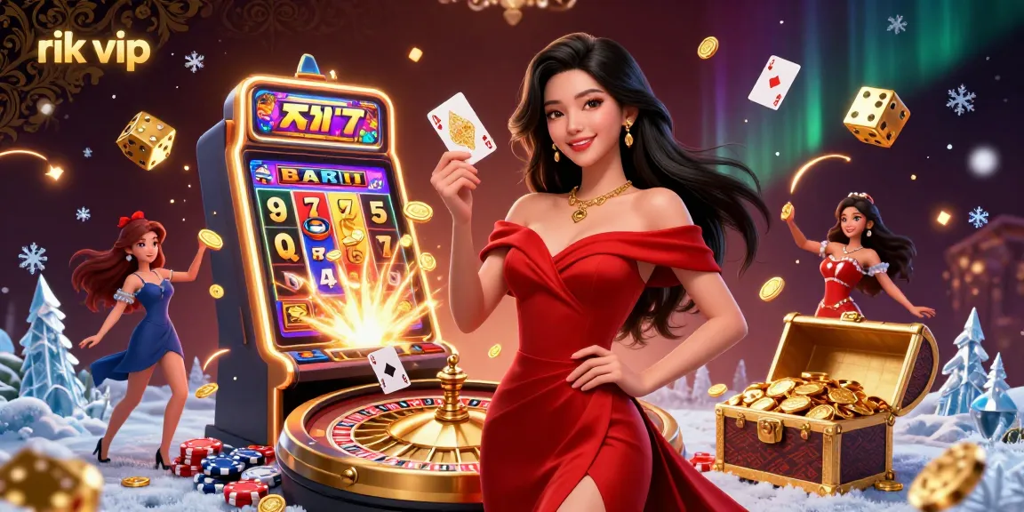 Win big at rik vip with a glamorous casino scene featuring a beautiful dealer, jackpot explosions, and rich gaming elements.