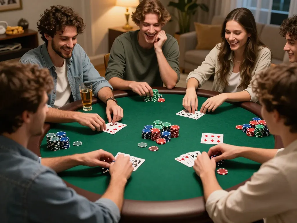 Friends engaging in a lively poker game at home, showcasing strategic gameplay with LV88 branding.