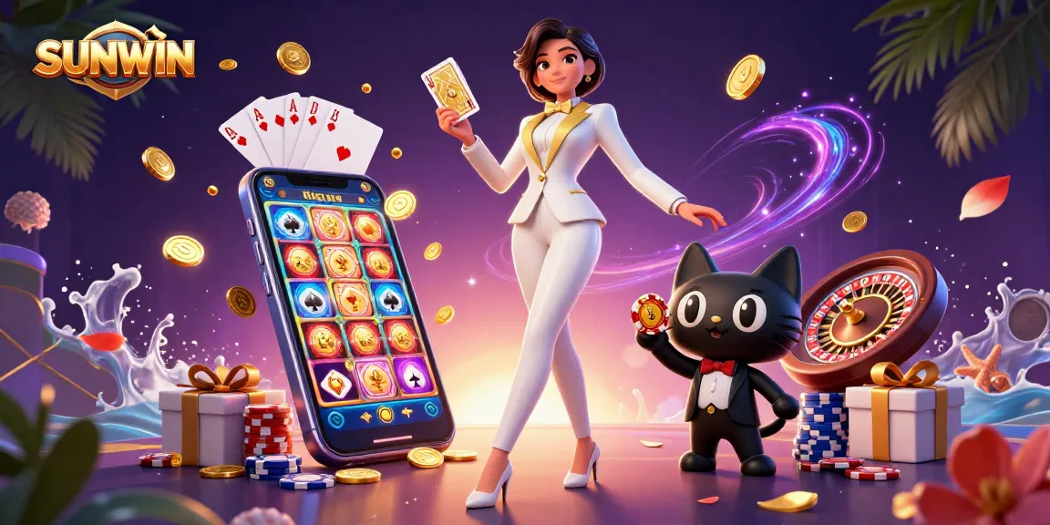 Win exciting prizes at SUNWIN casino with a glamorous 3D woman and a playful tuxedo cat!