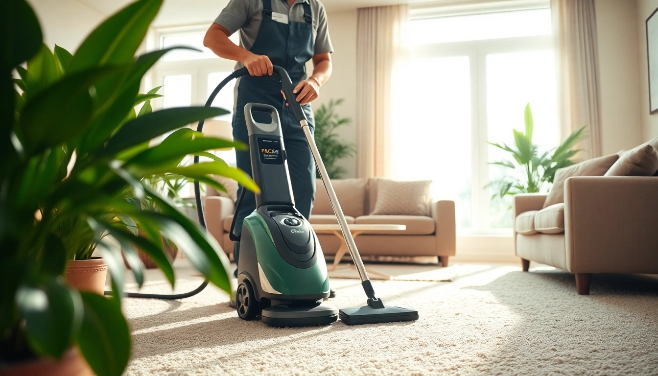 Professional carpet cleaning technician revitalizing a carpet in a modern home.