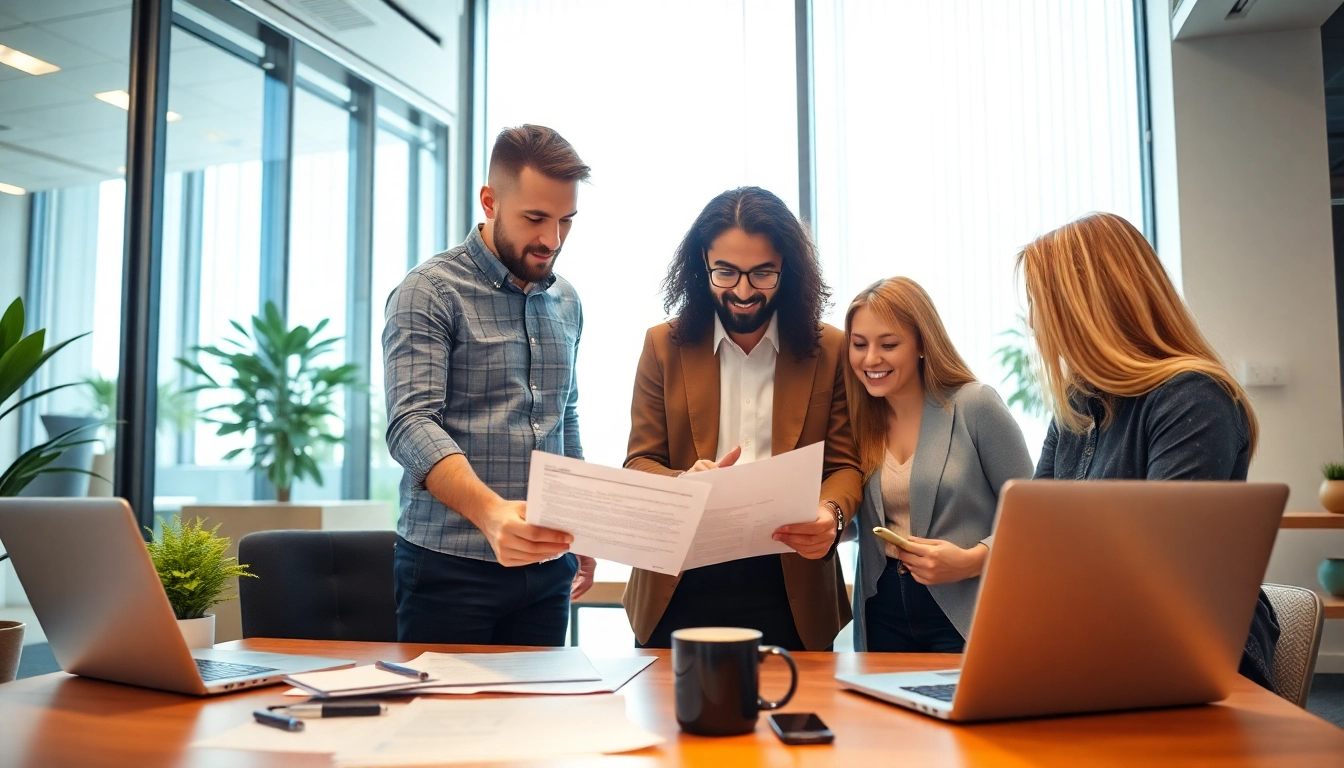 Set up a company in the US with diverse entrepreneurs collaborating in a modern office.