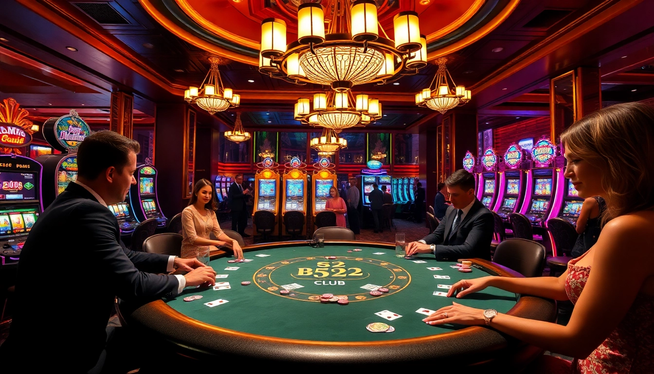 Engage in an exciting B52 poker game at an upscale casino with vibrant colors and luxury.