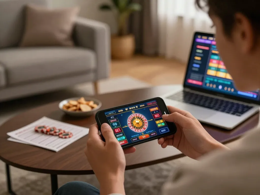 Engaged player using fly88 mobile app for immersive roulette game in cozy setting