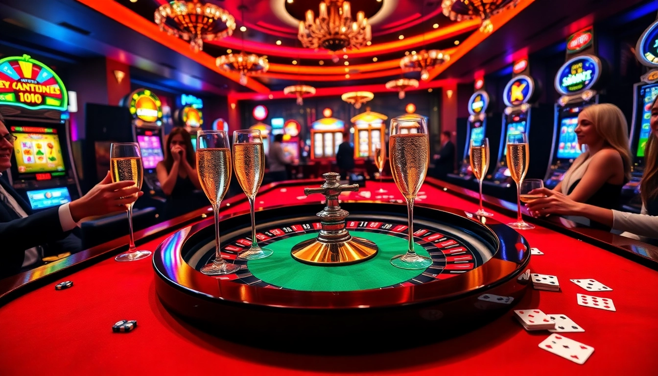 Experience the thrill of gambling with bangsawan88 in a vibrant casino scene featuring roulette and slot machines.