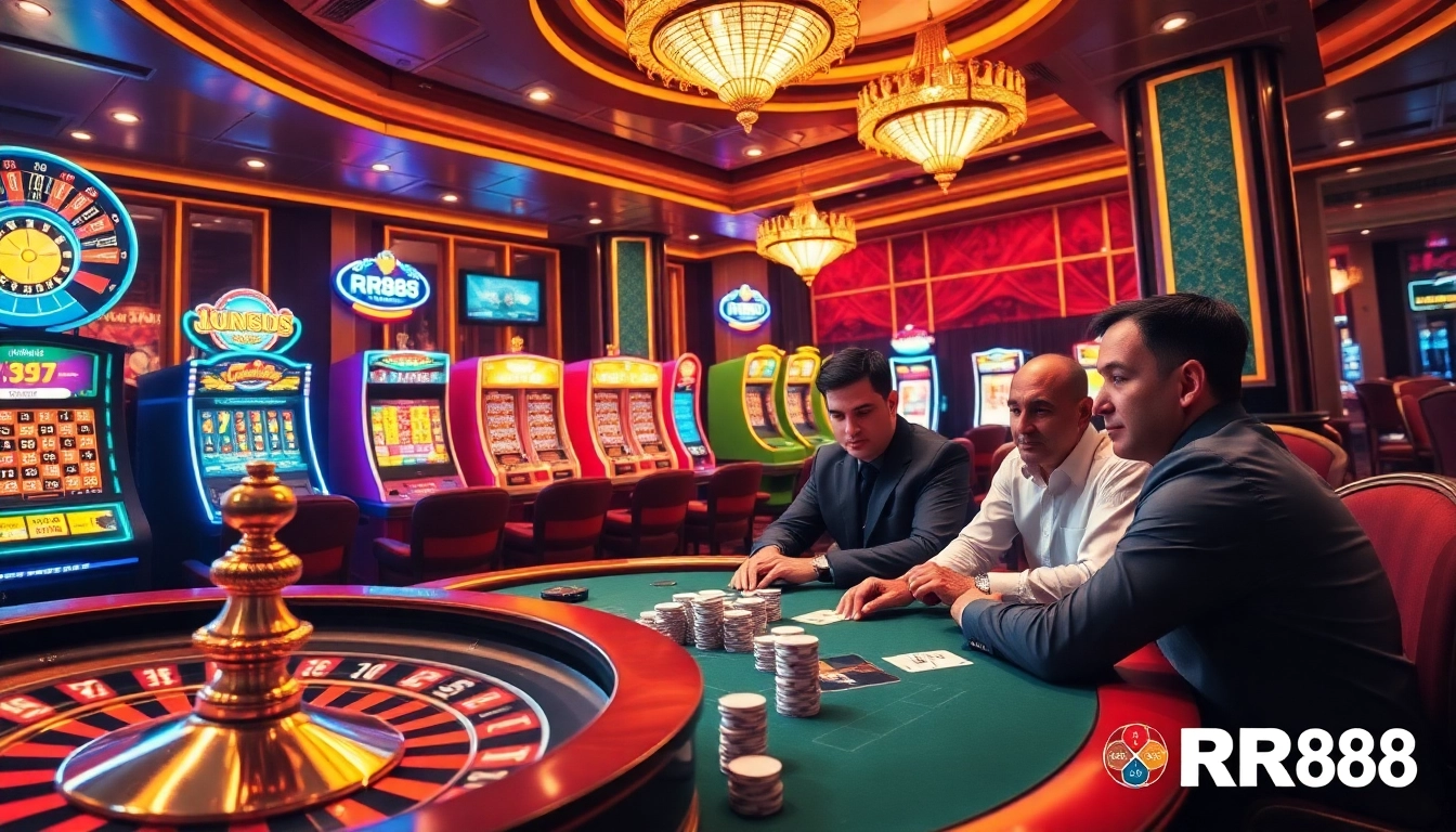 Engaging scene of RR88 online casino with players at a poker table, showcasing excitement and luxury.