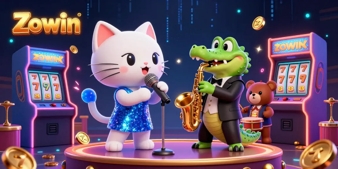 Zowin offers vibrant gaming with a thrilling casino scene featuring a singing cat, a saxophone-playing crocodile, and musical bear cub.