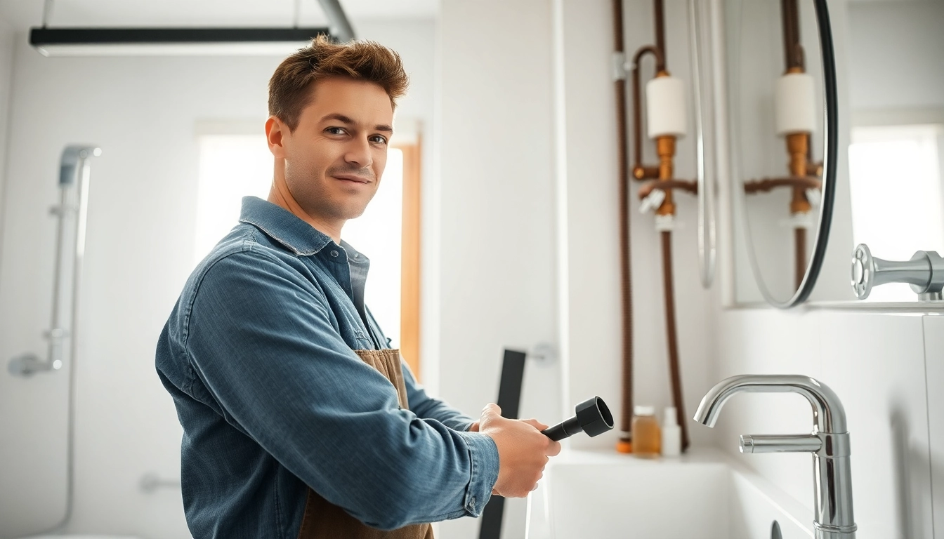 Find a reliable plumber near me fixing pipes in a bright bathroom.