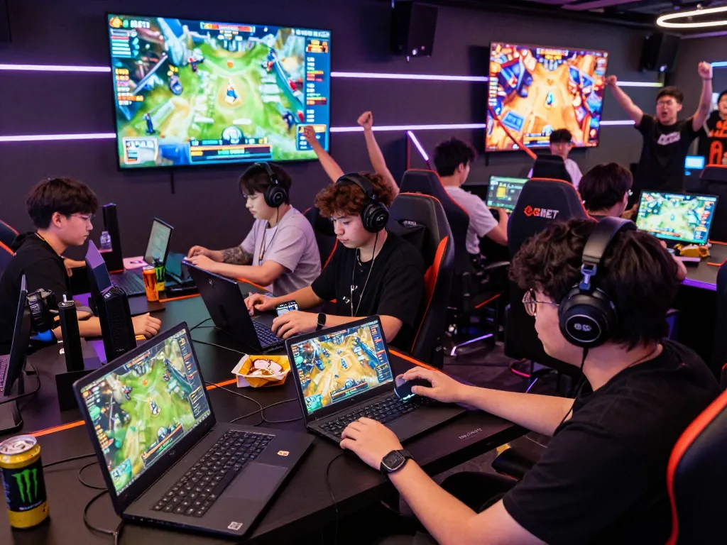 Players enjoying online gambling on 8KBET platform in a vibrant gaming lounge.
