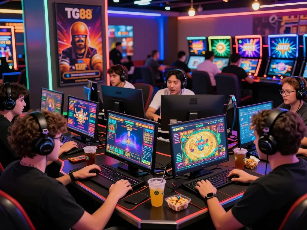 Gamers enjoying diverse TG88 online casino games in an energetic virtual environment.