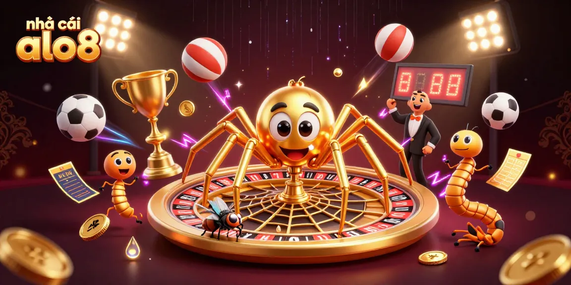 Experience the thrill with nhà cái alo8 as a 3D spider weaves a betting web with sports elements.