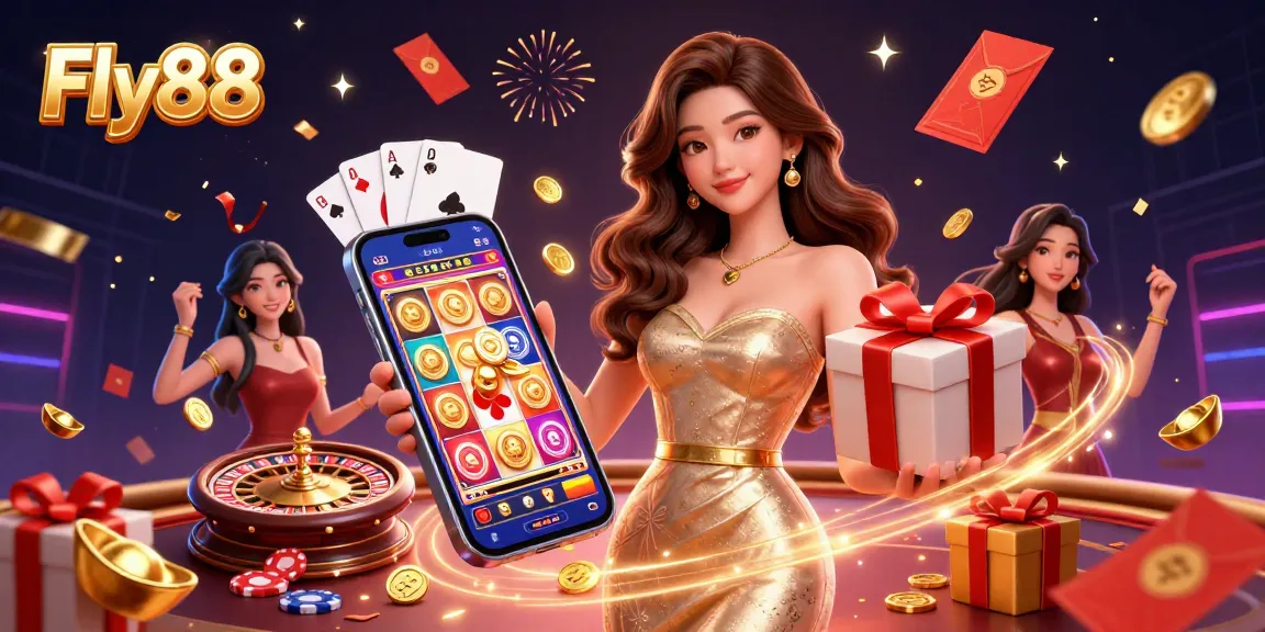 Win big with Fly88 as a glamorous Asian woman presents golden coins in a thrilling casino scene.