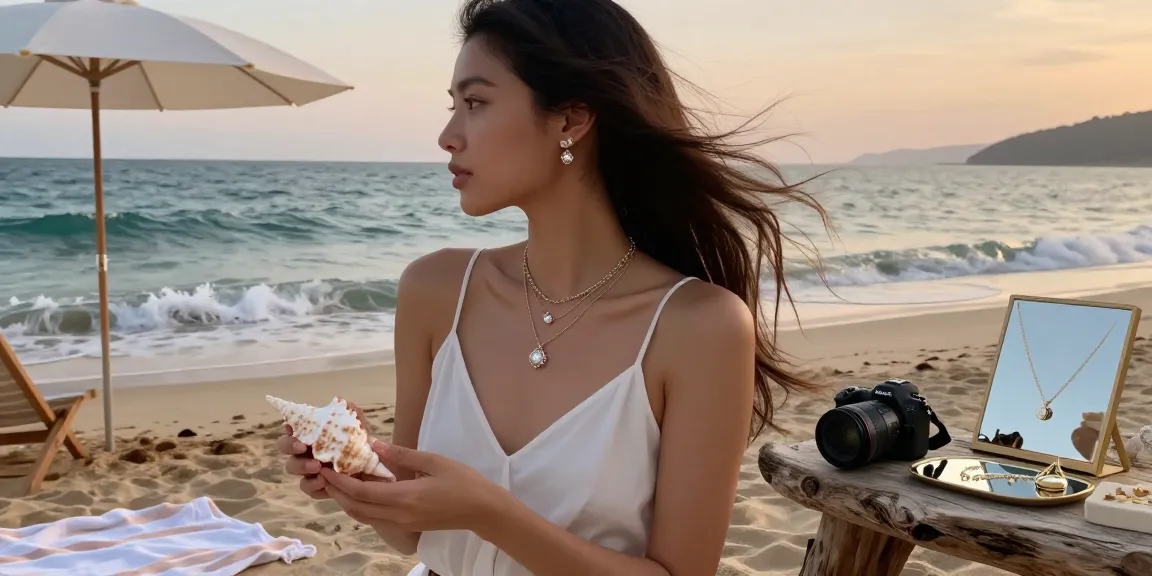 affordable fine jewellery uk showcased in a serene beach setting, highlighting coastal elegance and personal memories.