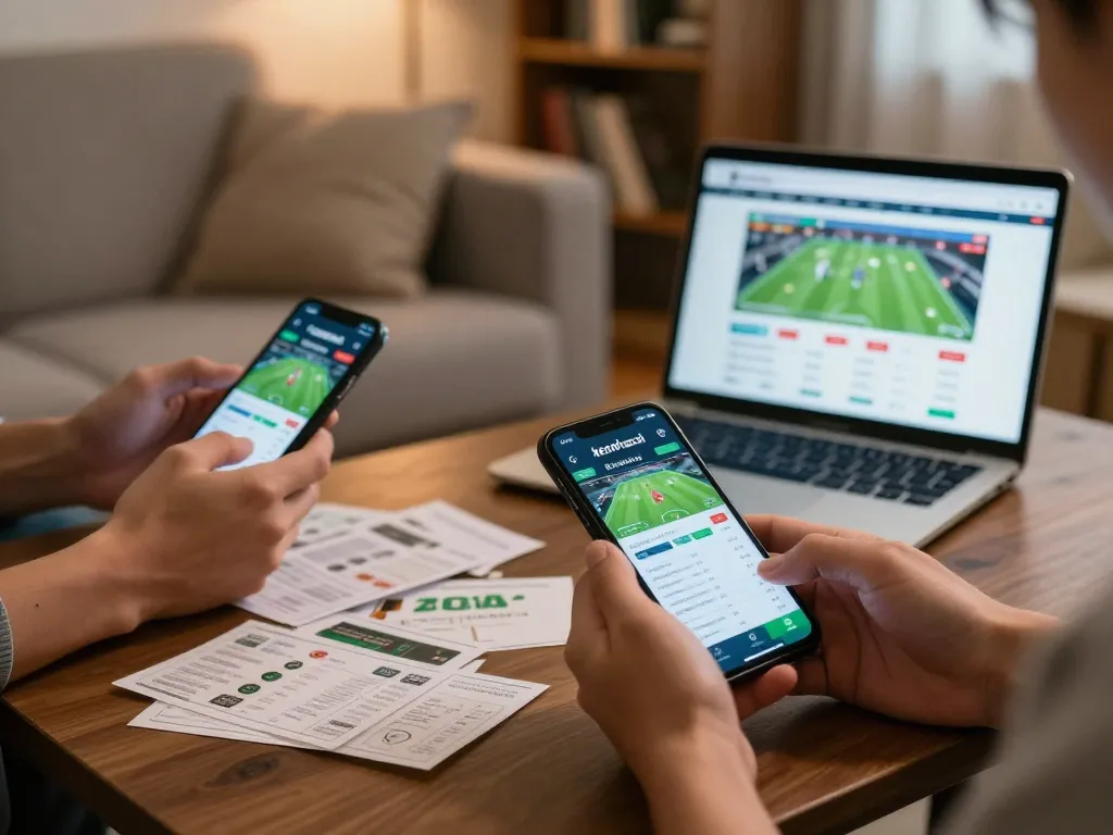 Participants actively placing bets on the keonhacai app, showcasing the excitement of online sports betting in a cozy living room.