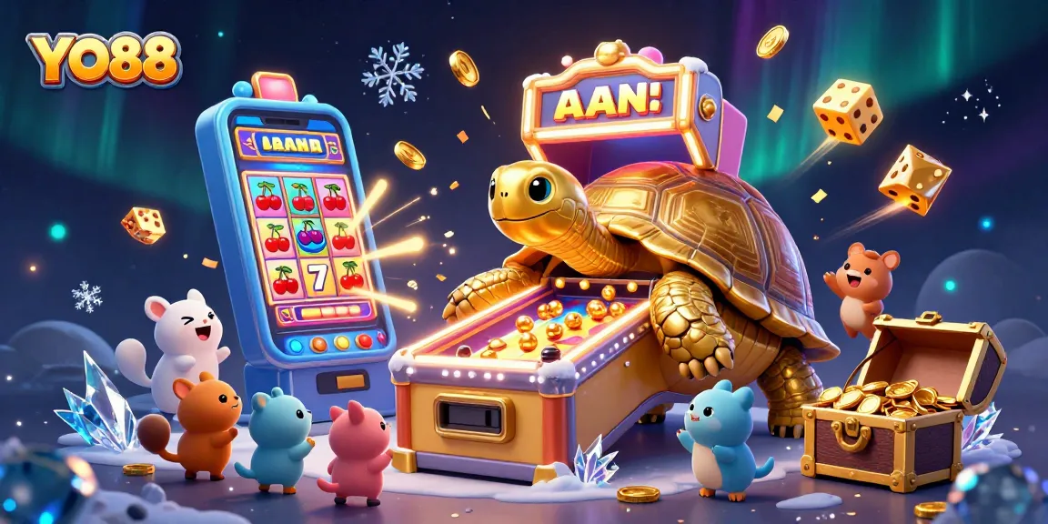 Engage with the thrilling world of YO88 where golden tortoises and jackpots collide in a vibrant casino scene.