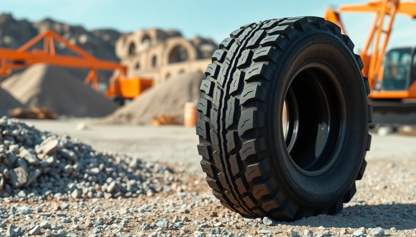 The RR99 Double Coin tire showcasing robust tread design in a rugged construction site.