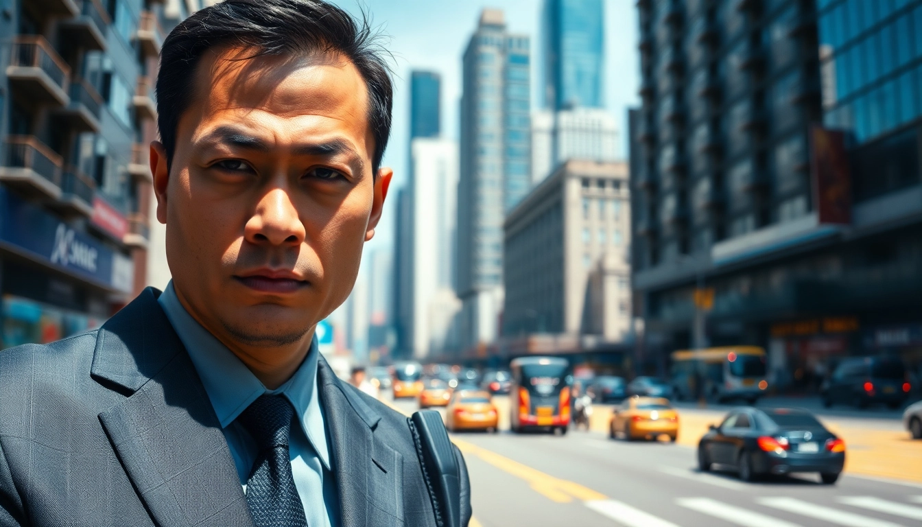 Close protection Hong Kong service showcasing a vigilant bodyguard in an urban setting.