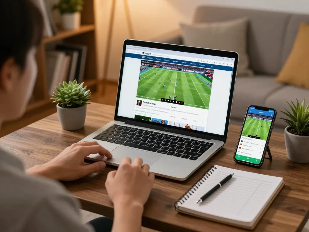 Engaging with trang cá cược bóng đá uy tín on a laptop and phone, showcasing modern sports betting strategies in a cozy setting.