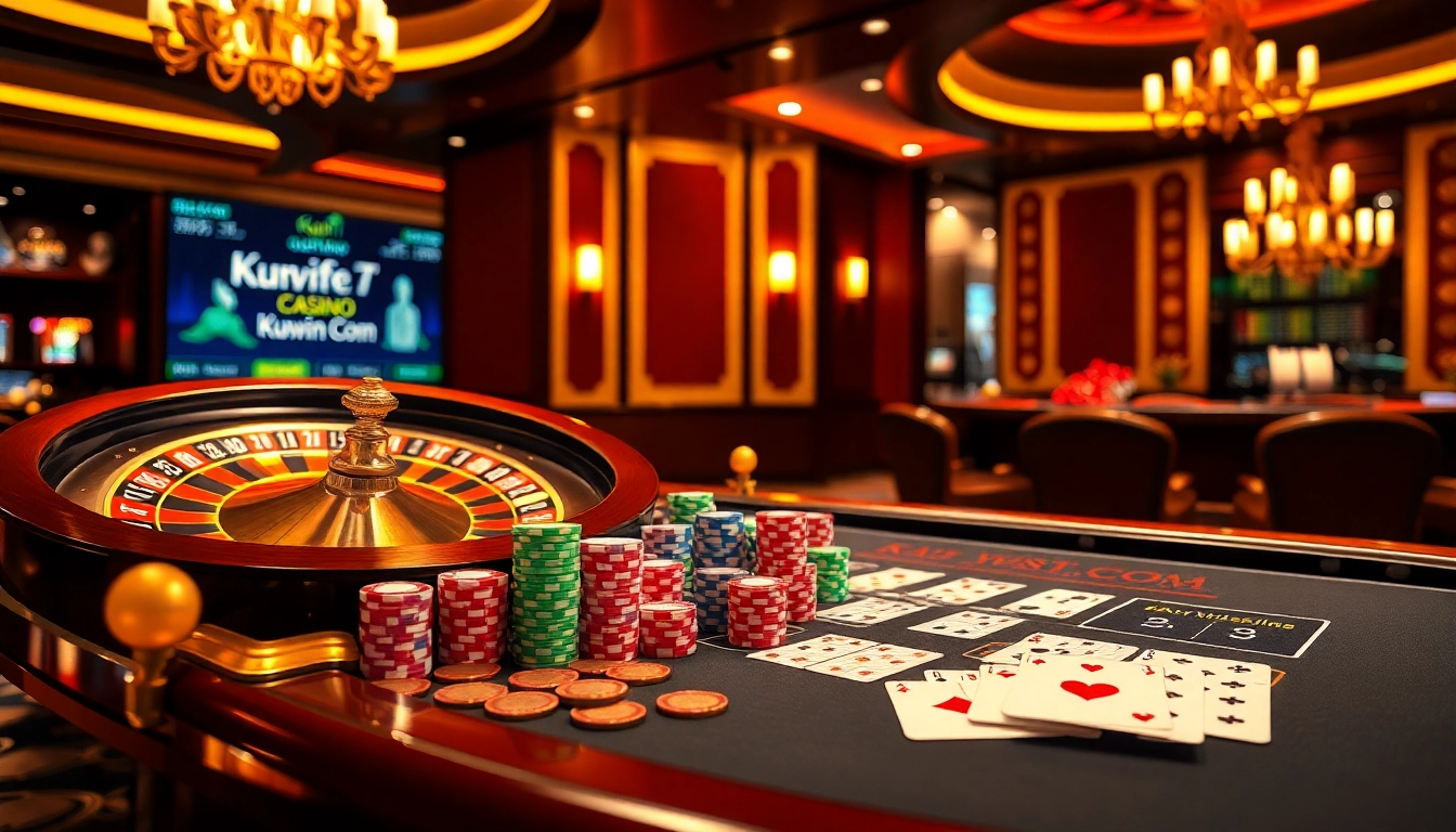 Kuwin.com showcases an exciting casino atmosphere with roulette, poker chips, and vibrant gambling interface.