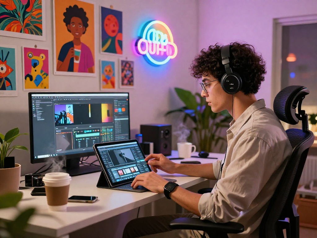 Young professional curating nsfw content in a vibrant urban workspace