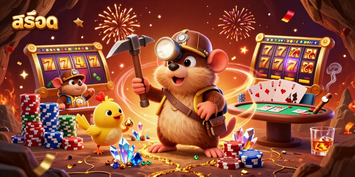 Spin the สล็อต reels with a treasure hunter and canary amidst bursting jackpots and vibrant casino elements.