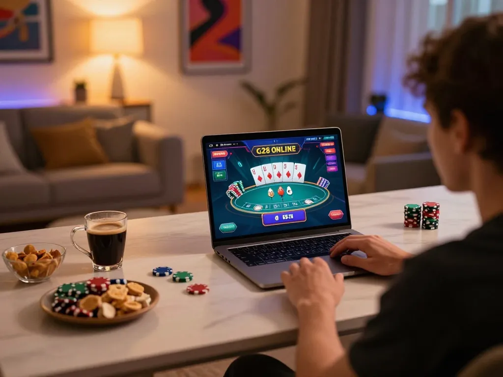 Engaged player on g28 website using laptop for online gaming with vibrant graphics.