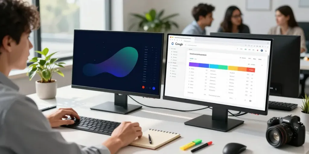 Digital marketer analyzing instant indexing SEO data in modern office