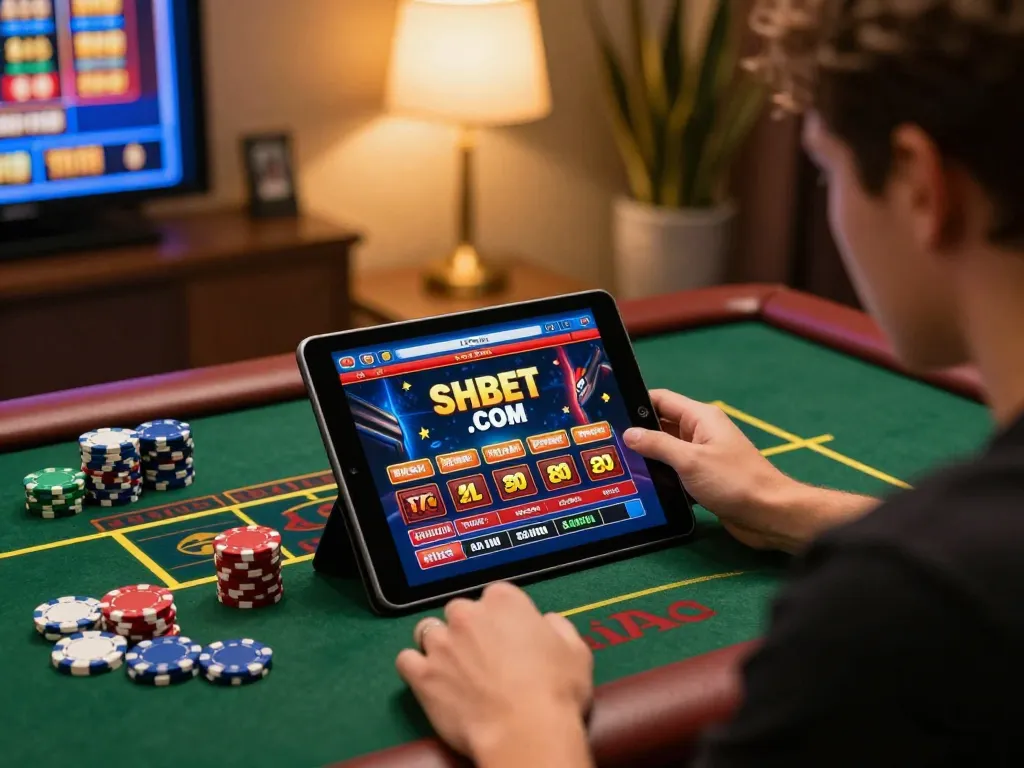 Engaged player enjoying SHBET .COM slot games on a tablet in a stylish home setting.