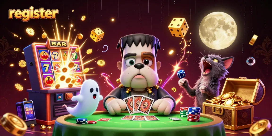 Register for casino excitement with a lively image featuring a bulldog monster dealing cards and ghostly elements.