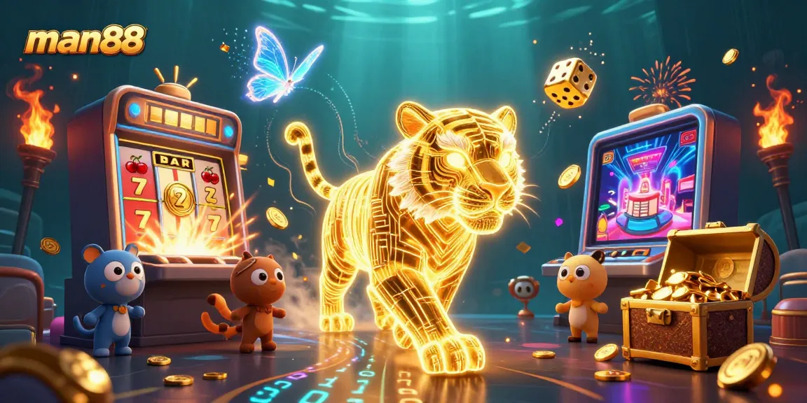 Win big with man88 at the dazzling casino, featuring a golden tiger and jackpot elements.