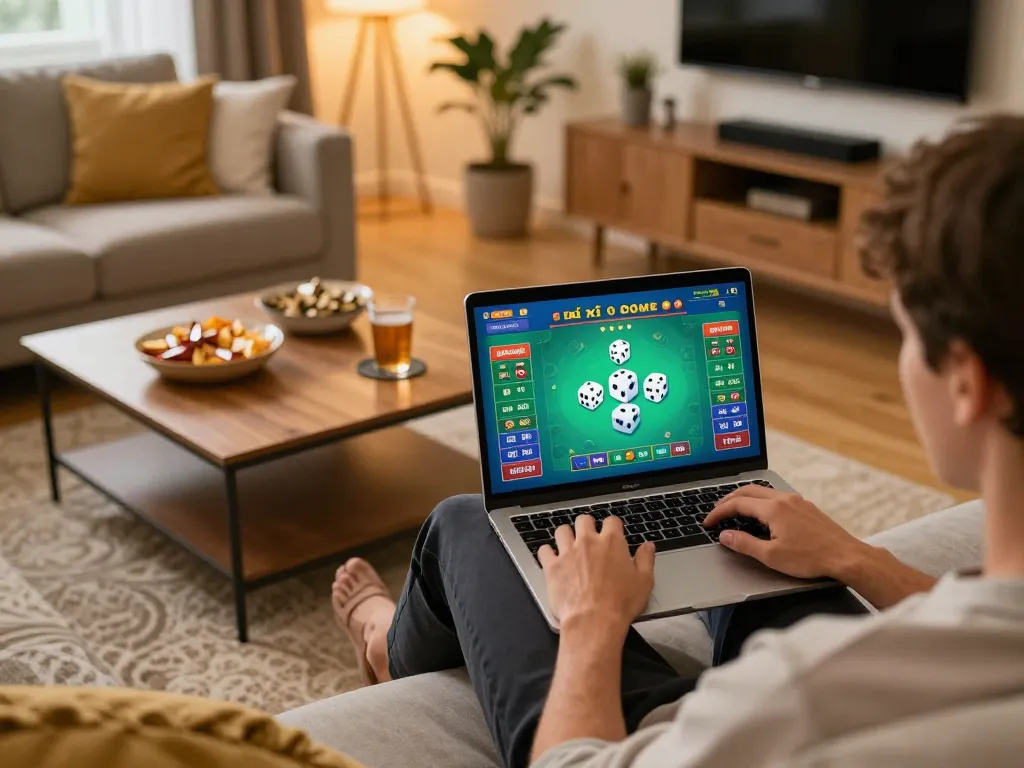 Engaging in tài xỉu online from a cozy home setup, showcasing excitement and comfort.