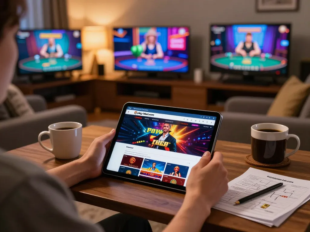 Gambling enthusiast playing on tablet at https://play-hbet.com/ in a cozy home setting.