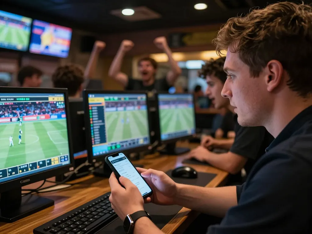 3Bet enthusiast making strategic bets while watching live sports in an energetic venue