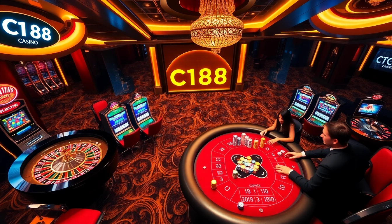 C168 branding shines in a luxurious casino setting with players engaging at tables and bright slot machines.