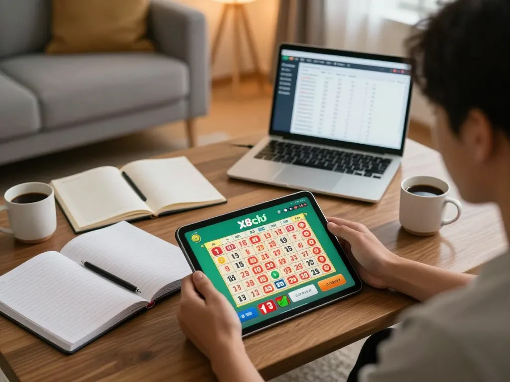 Xổ số F8bet online lottery gaming session showing a player strategizing and engaging in a cozy atmosphere