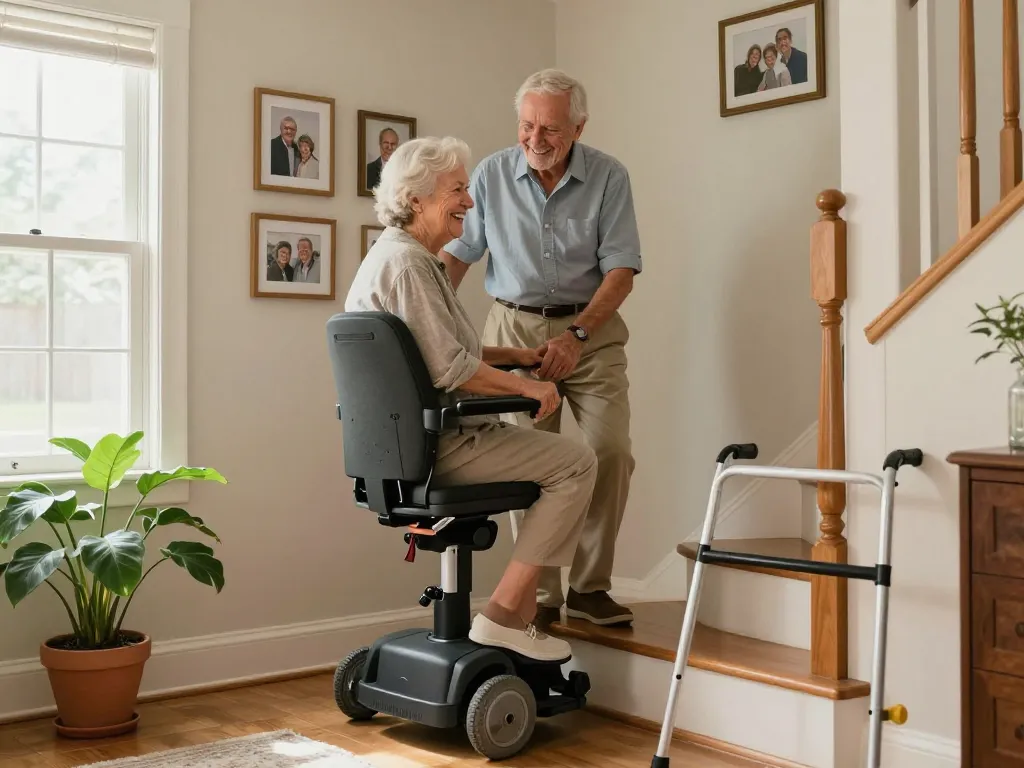 Senior couple happily using a stairlift in their cozy home, showcasing accessibility for ease of movement.