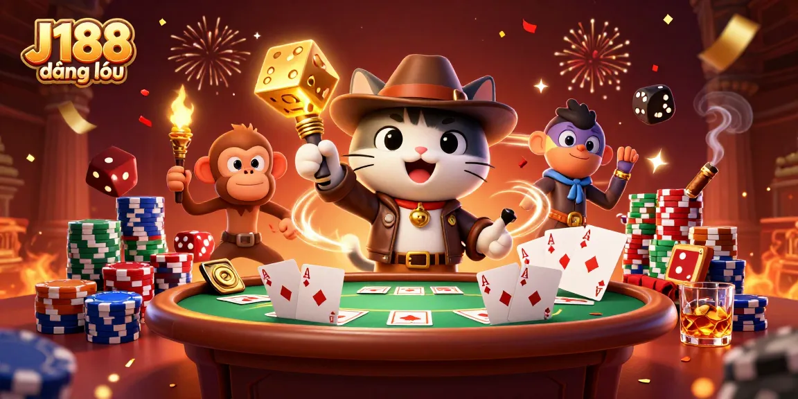 Experience exciting gaming action at J188 đăng nhập with golden artifacts and poker elements.
