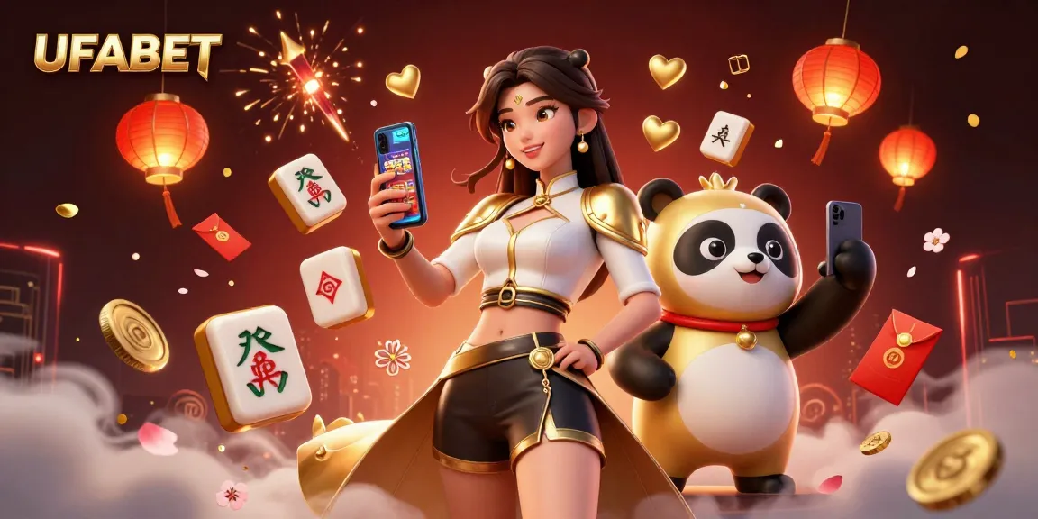 Experience UFABET's dynamic world of online gaming with vibrant Asian cultural elements and engaging casino visuals.