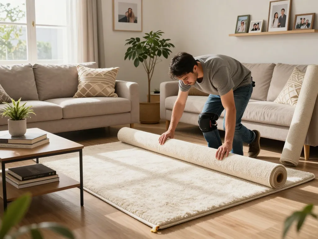 Expert laying home carpet fitting services in a cozy living room with soft carpet, sunlight streaming in.