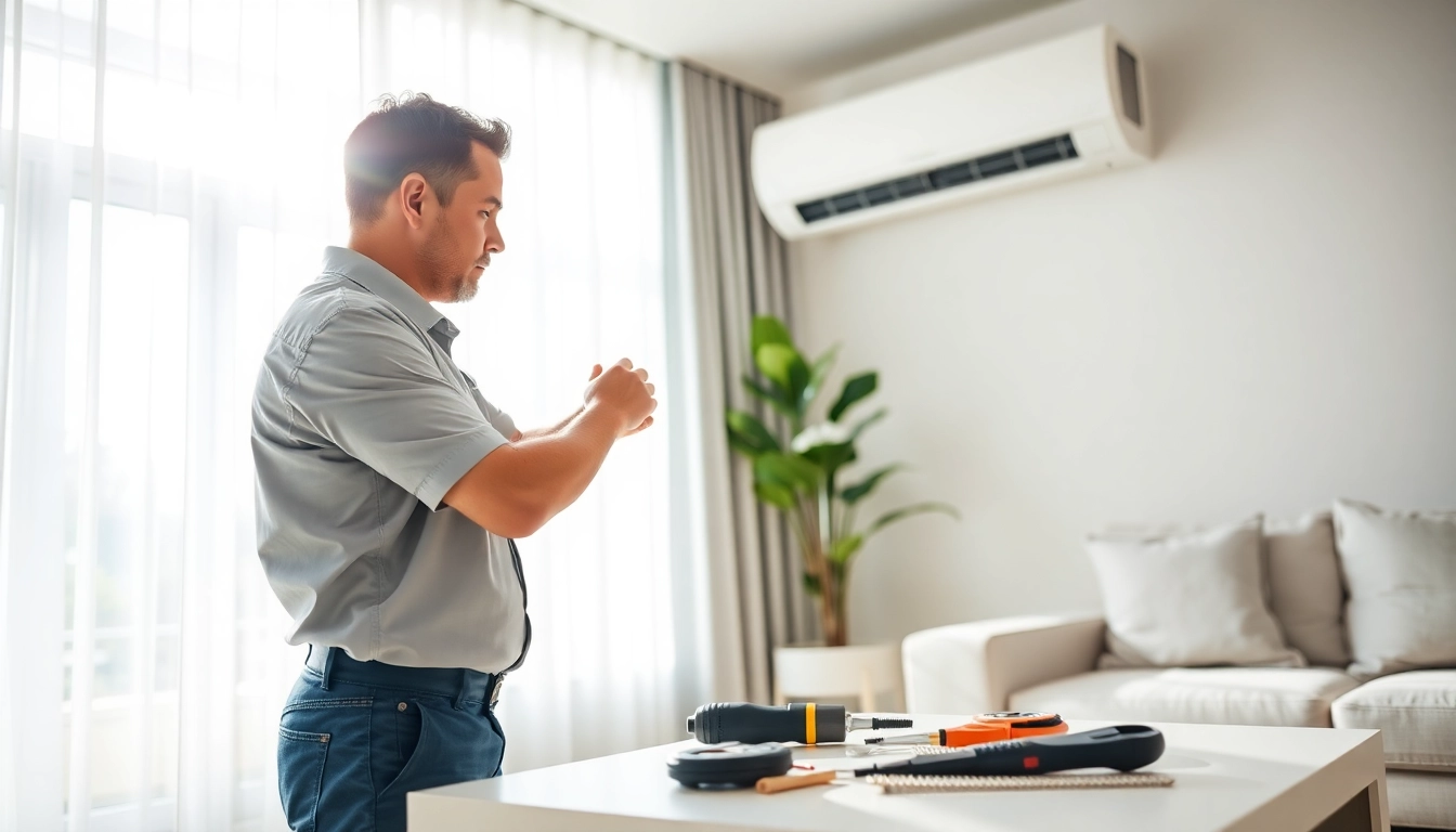Air Conditioning Repair Tampa services being performed by a technician in a modern living room setting.