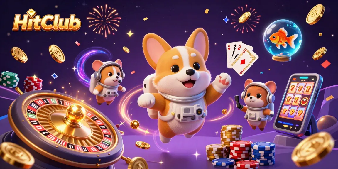 HitClub captures the excitement of gaming with an astronaut corgi and vibrant casino elements.