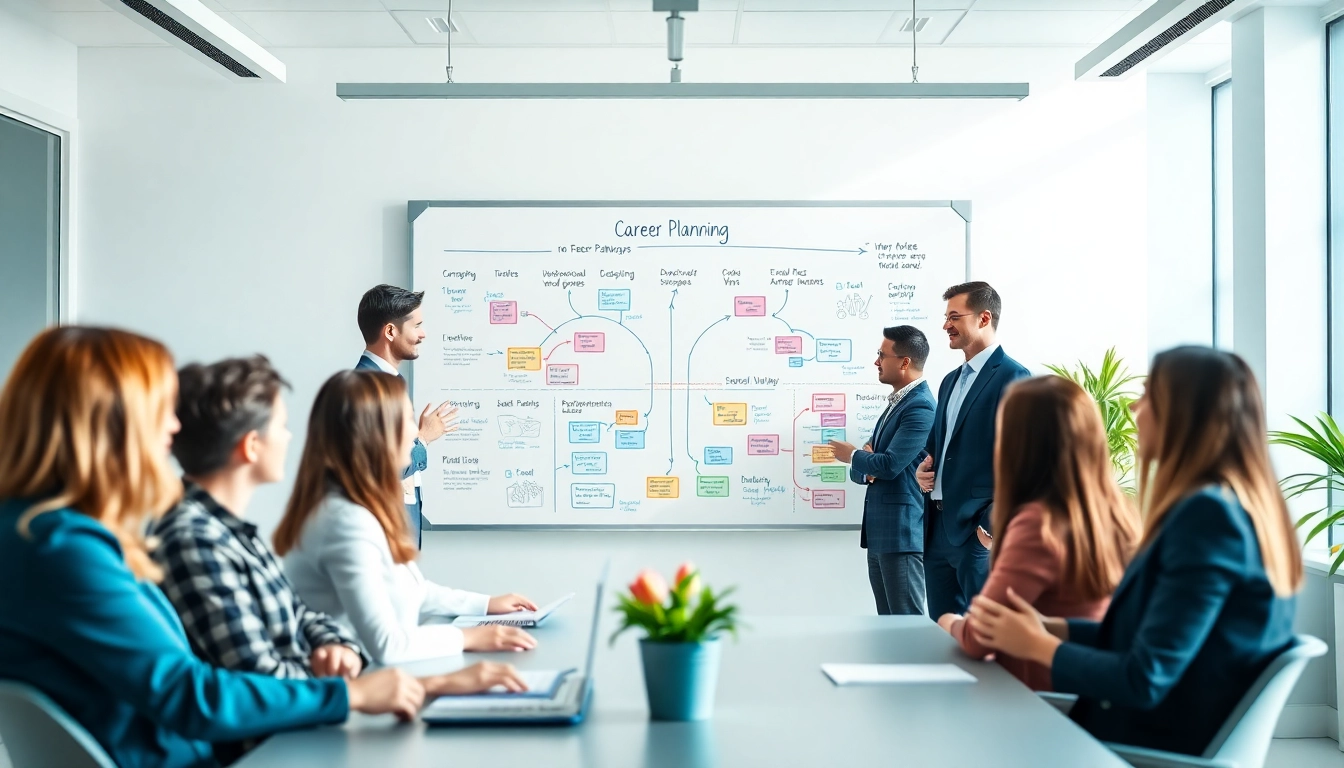 Individuals brainstorming in an office about their Ideal career, with a focus on teamwork and planning.