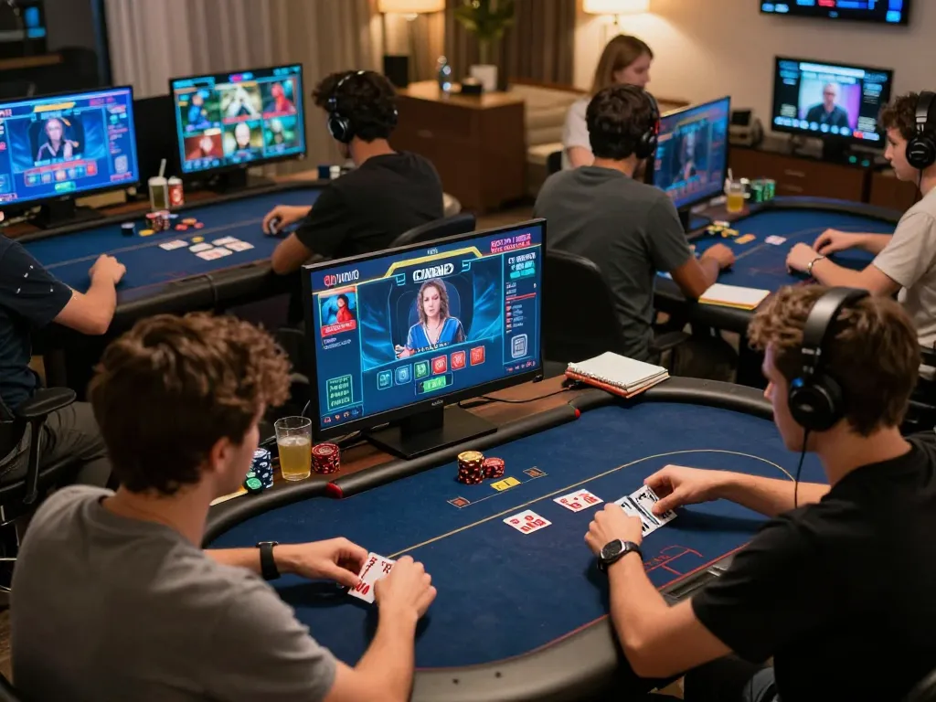 Online players engaging in a dynamic poker session at 789club from home, demonstrating strategic gameplay.