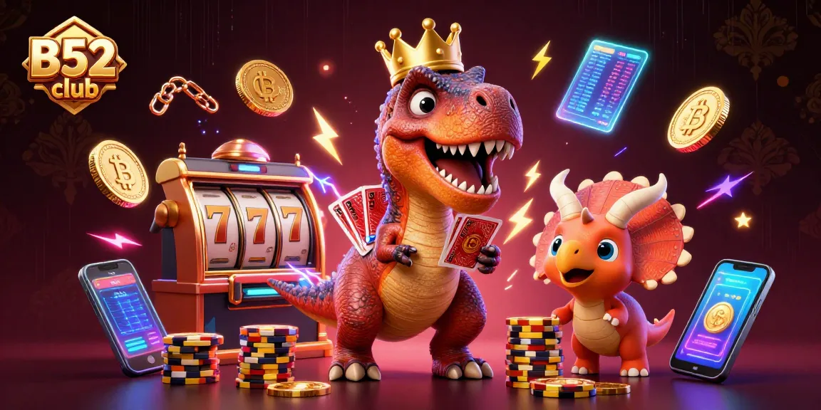 Engage in thrilling gameplay at B52club with animated characters enjoying card games and stacking chips.