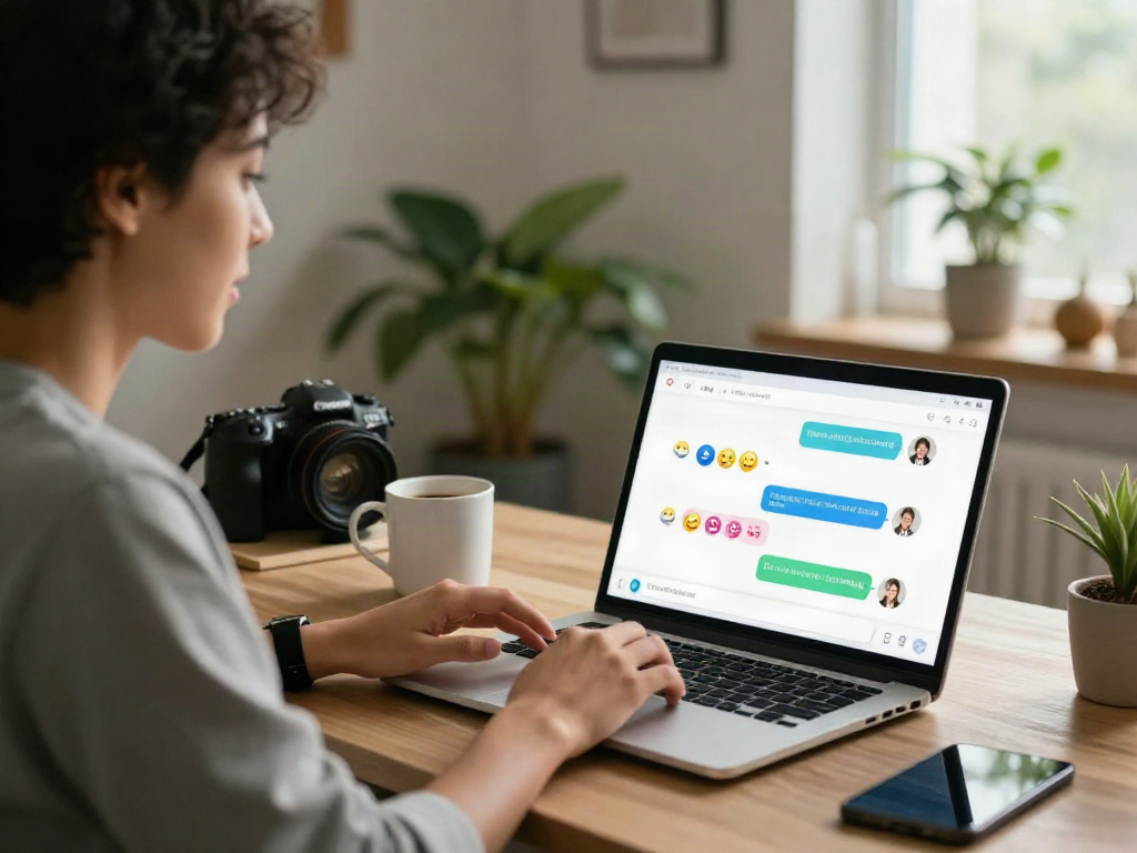 Engaging spicychat online conversation in a modern home office setting.