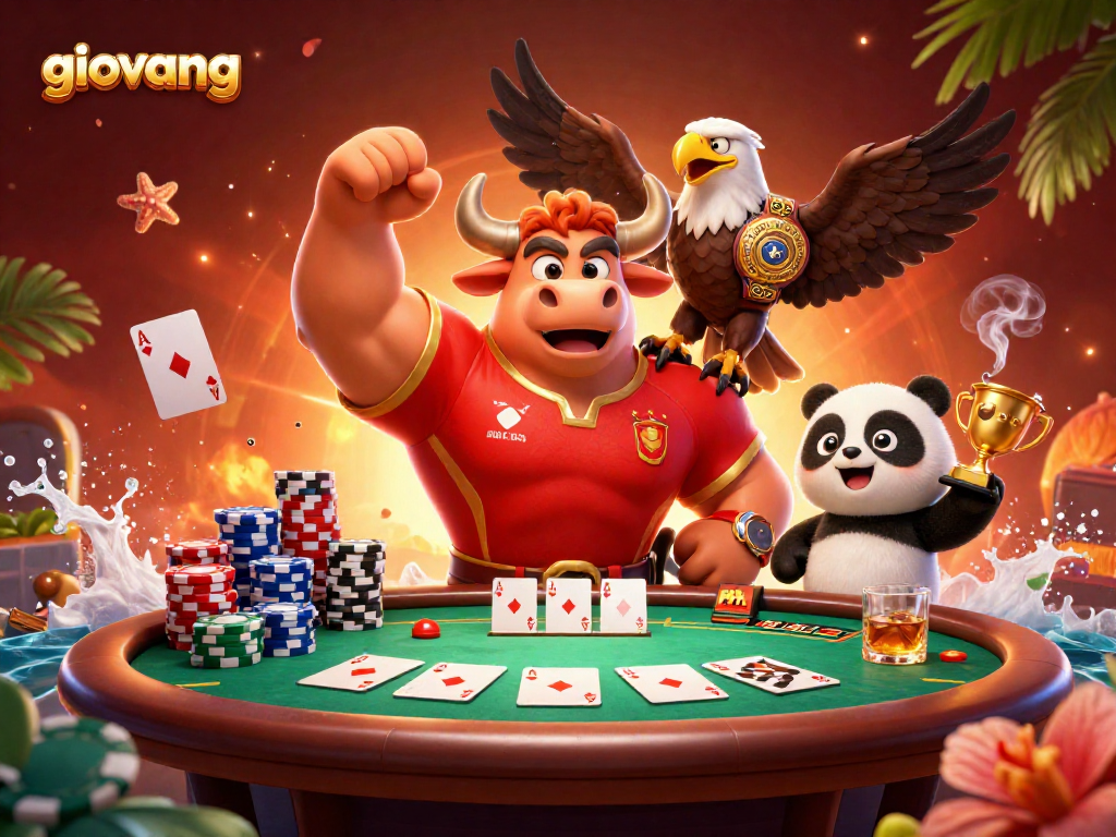 Experience thrilling action as giovang's bull mascot celebrates victory alongside an eagle and panda amidst vibrant gambling elements.